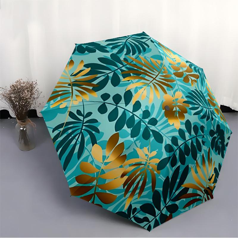 1pc Tropical Leaves Pattern Automatic Opening/Closing Folding Umbrella with 11 Ribs, Plastic Handle, Windproof Portable Sunshade Umbrella y250726051