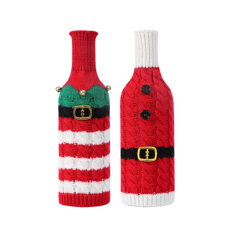 Christmas Wine Bottle Cover Striped Knitted Wine Bottle Sleeve Santa Claus Woven Kitchen Dining Room Xmas Party Table Decoration