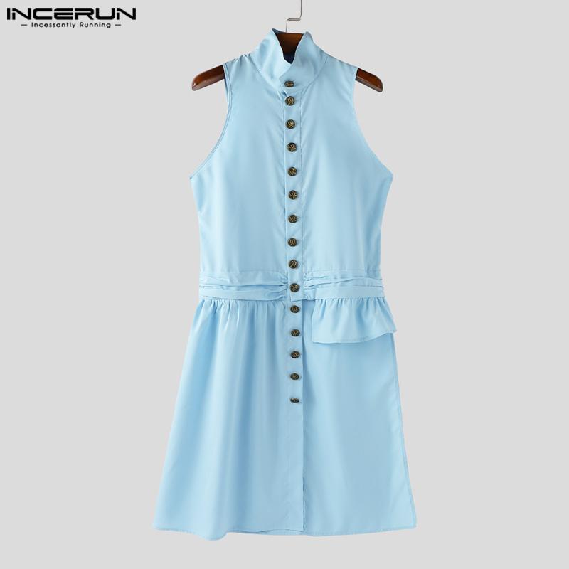INCERUN Men Stand Neck Sleeveless Buttons Side Splits Irregular Tank Tops