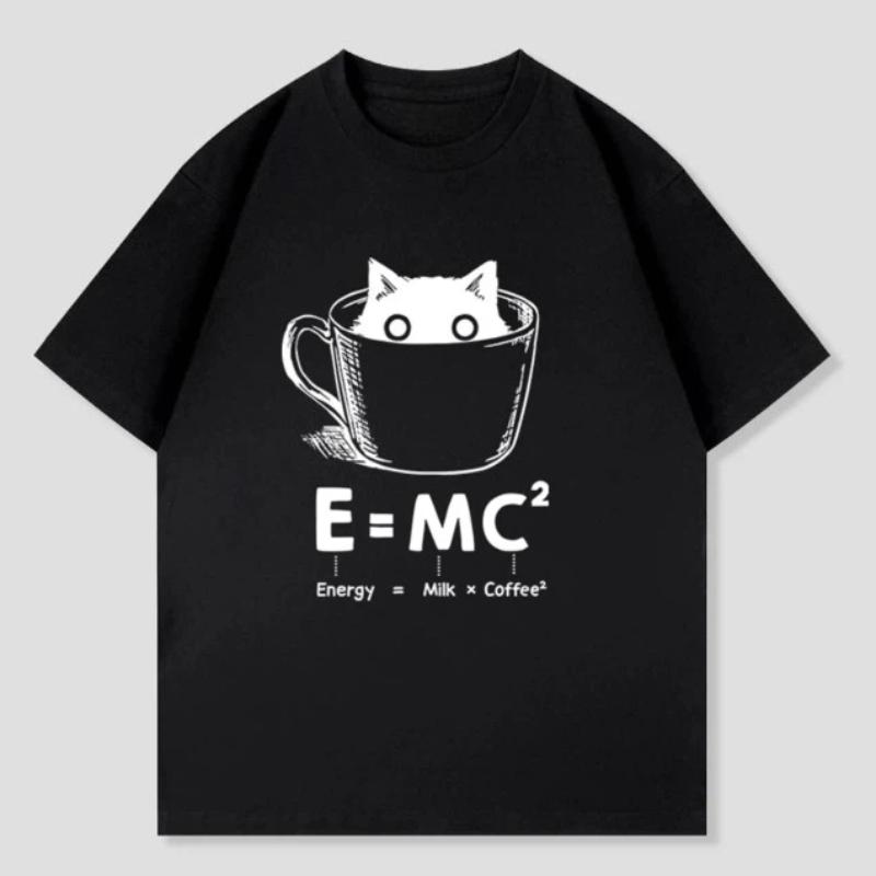 New T Shirt Cute Cat Milk Coffee Short-sleeved T-shirt Top Unisex Funny Science Cat Graphic Casual Tee for Women