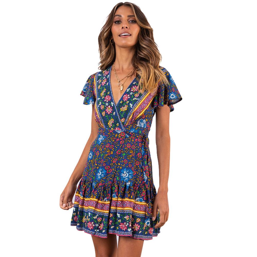 Summer V-neck Sexy Bohemian Print Dress Short Skirt Skirt Women Clothing