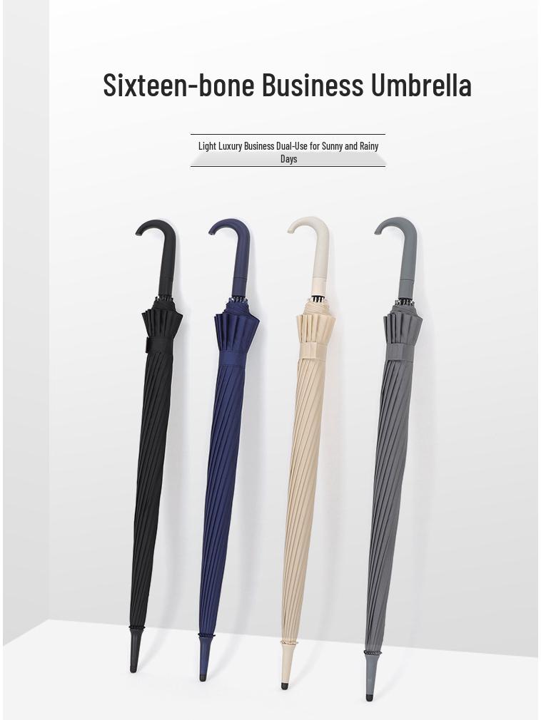 Windproof 16-Rib Large Solid Color Automatic Open Umbrella with Long Handle