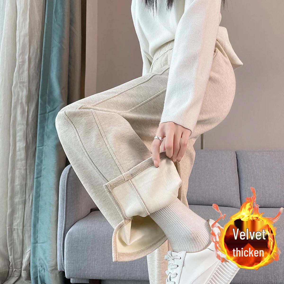 

Winter Houndstooth Wide-Leg Wool Pants - Women s Plus Velvet Thickened Casual Straight-Leg with Slits M (40-50kg)