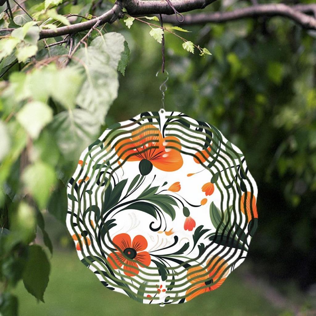 25.4 cm Floral Metal Wind Spinner with 360° Rotating Hooks Vibrant Orange Flowers Green Leaves for Garden Patio Balcony Outdoor Decor