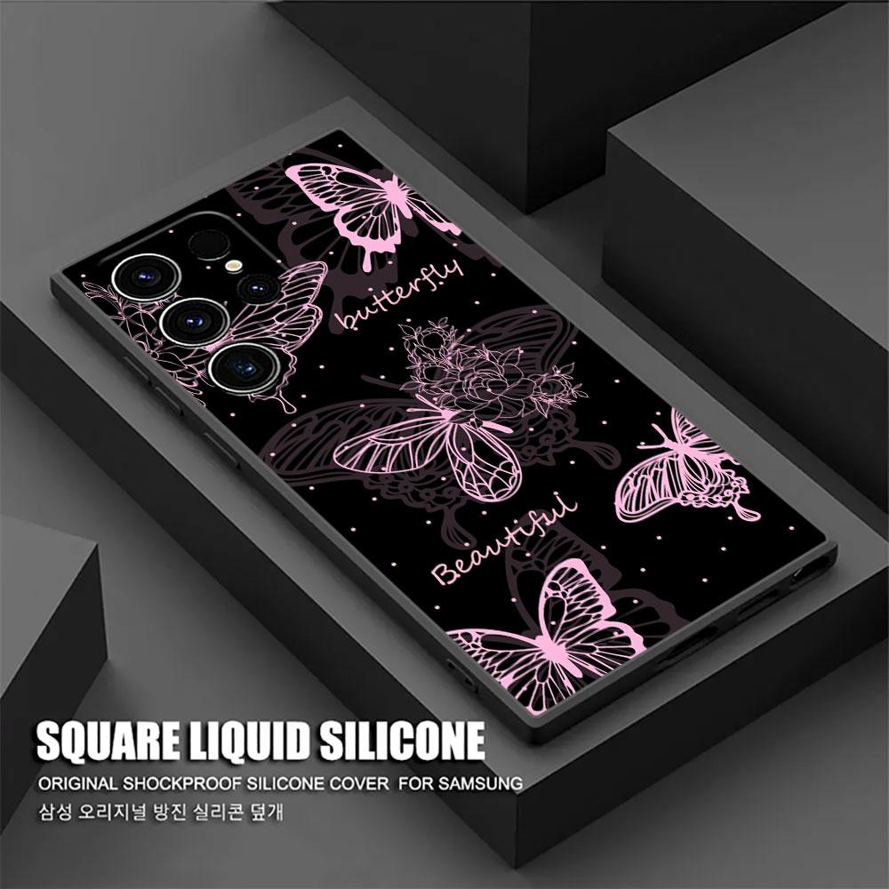 

Pink Butterfly Love Black Phone Case For Samsung Galaxy S24FE Cases S25 Ultra S23 S21 FE S22 S24 Plus A36 A56 A55 Silicone Cover Galaxy A26 5G