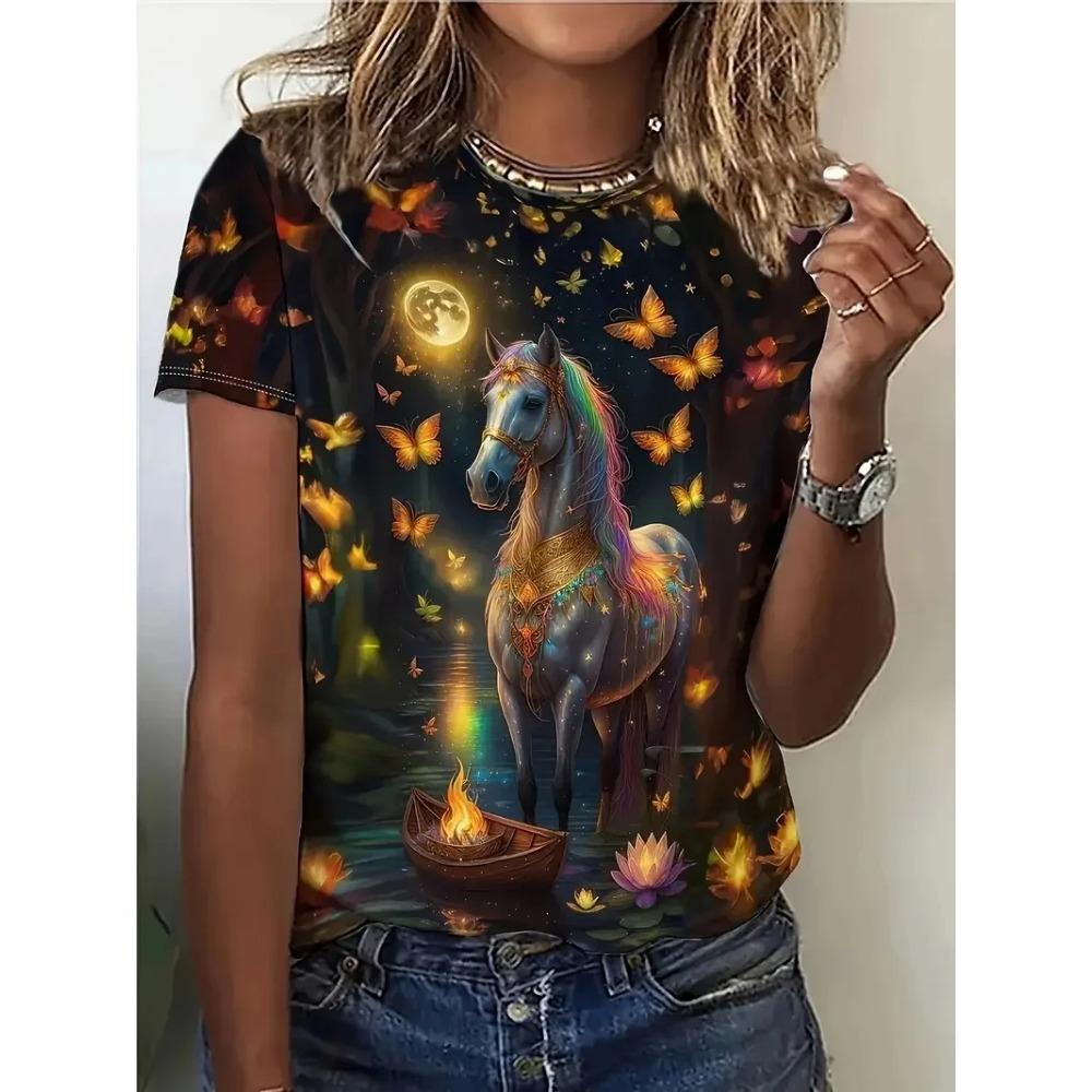 Women's Casual Round Neck T-shirt, Unique Horse Print Summer Short Sleeved Shirt