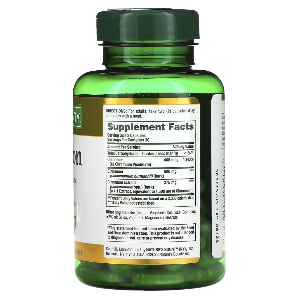 Nature's Bounty Cinnamon Plus Chromium, 60 Capsules (1,000Mg Per Capsule)
