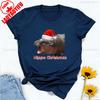 Moo Deng Pygmy Hippopotamus Christmas Hat Graphic Tshirt High Quality Cotton Crewneck Tops Tee Shirt Short Unisex Casual Style