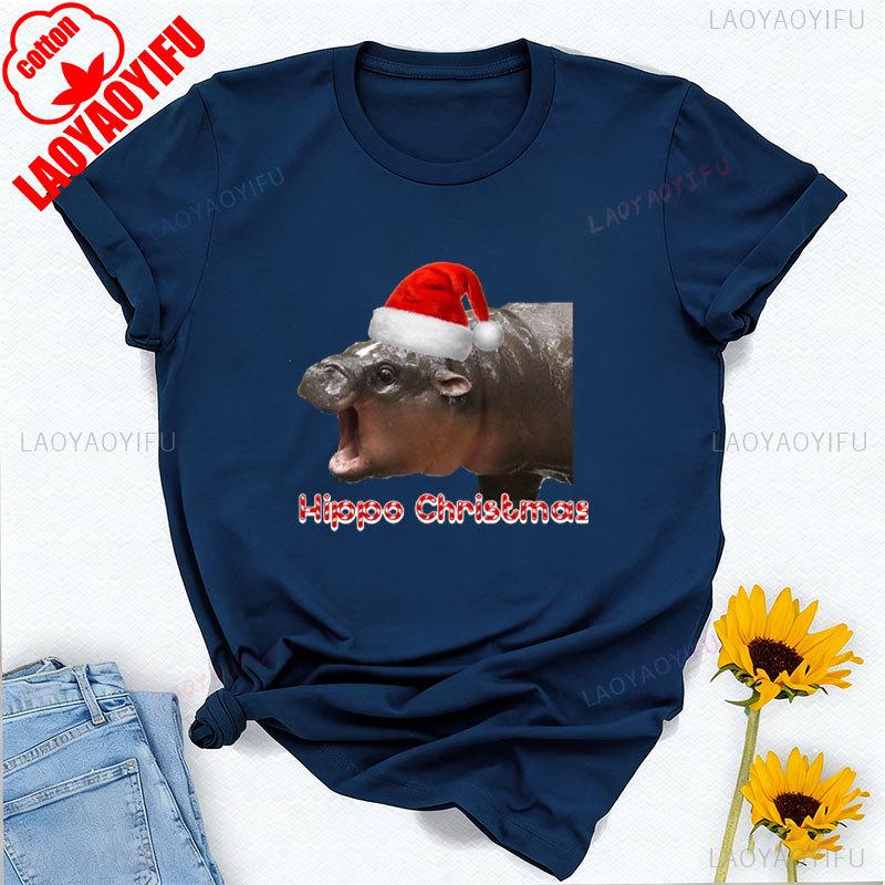 Moo Deng Pygmy Hippopotamus Christmas Hat Graphic Tshirt High Quality Cotton Crewneck Tops Tee Shirt Short Unisex Casual Style
