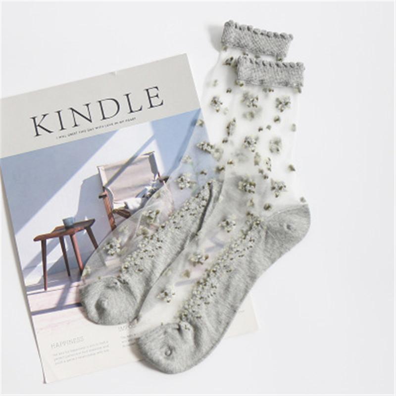Breathable Ultra Thin Transparent Lace Socks Women Silk Crystal Rose Flower Embroidered Sox For Ladies Summer Fashion Elastic