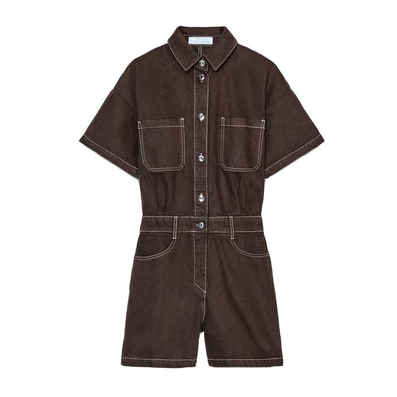 Summer New Women Clothes Western Style Lapel Short Sleeve Denim Short Jumpsuit 1879039 0108027