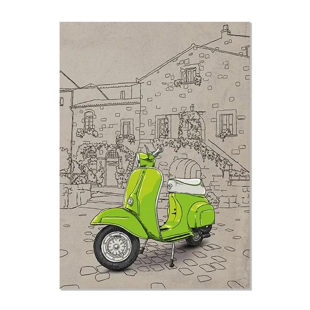 Italian Style Famous Building Background Fiat 500 Red Yellow Vespa Poster Print Wall Art Picture Canvas Painting Room Home Decor