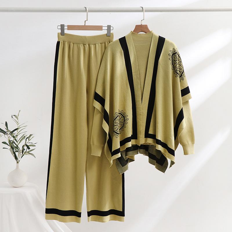 Элегантный цветочный узор вязаный костюм-тройка осень-зима трикотажный топ и широкие — фото 10