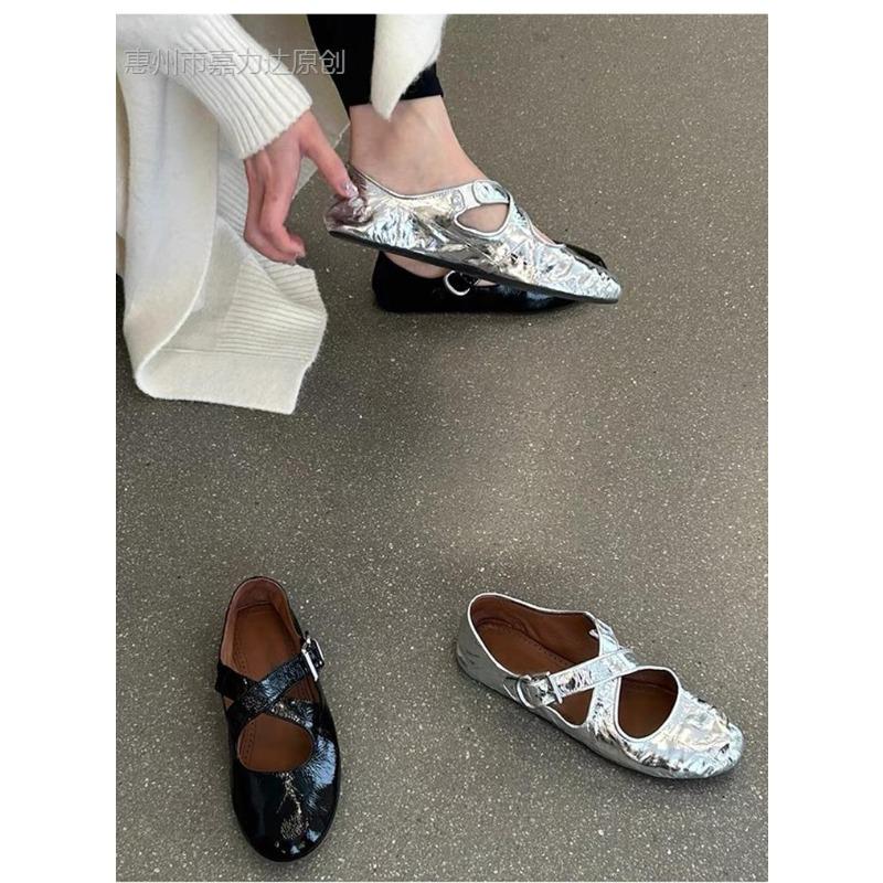 Sheepskin Silver Leather Cross-buckle with Round Head Retro Mary Jane Shoes Women's Soft-soled Ballet Shoes Women's Flat Shoes