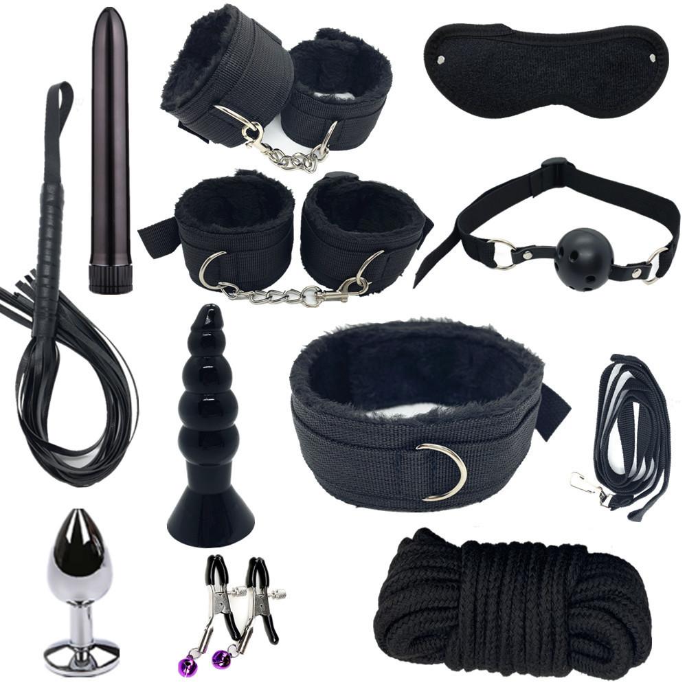 Sexy Nylon BDSM Kit Plush Sex Bondage Set Handcuffs Sex Game Whip Gag Nipple Clip Sex Toy