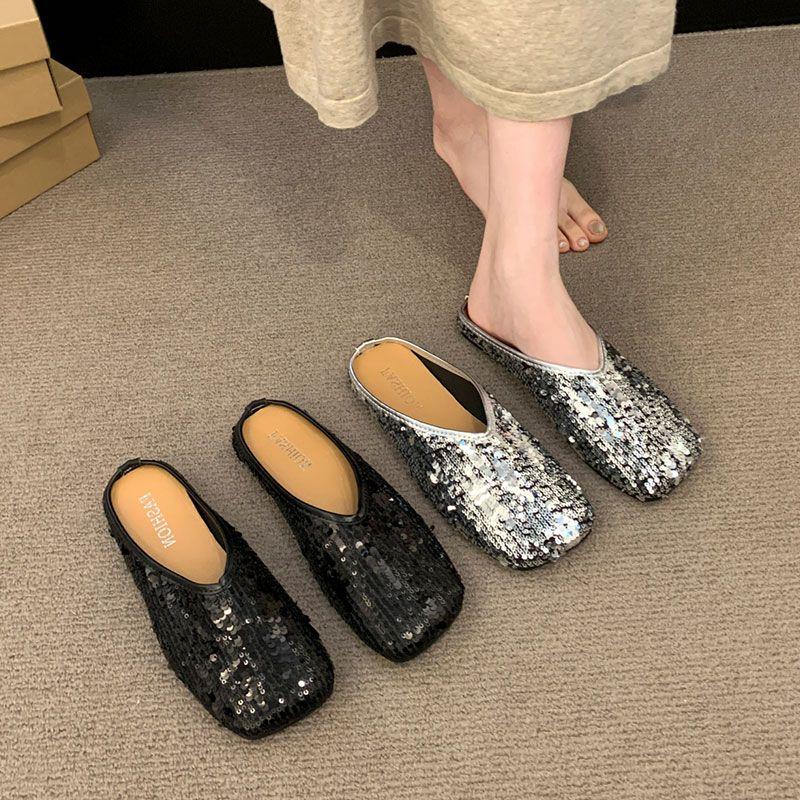Fashion Woman Mules Slippers Flat Silver Sandals Sequins Shoes for Women Pvc Korea Style Low Price Chic and Elegant Casual 39 New Slides