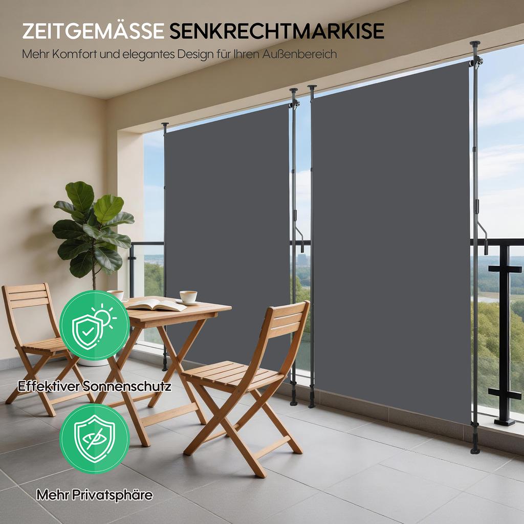 Vertical outdoor awning with clamp mounting, privacy and wind protection for balcony and terrace, weatherproof, anthracite, hand crank, 200 x 270 cm