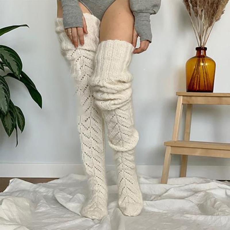 Hollowed Out Knitted Over Knee Long Socks for Women Winter Fall Thigh High Stockings Solid Color Thermal Long Leg Warmer