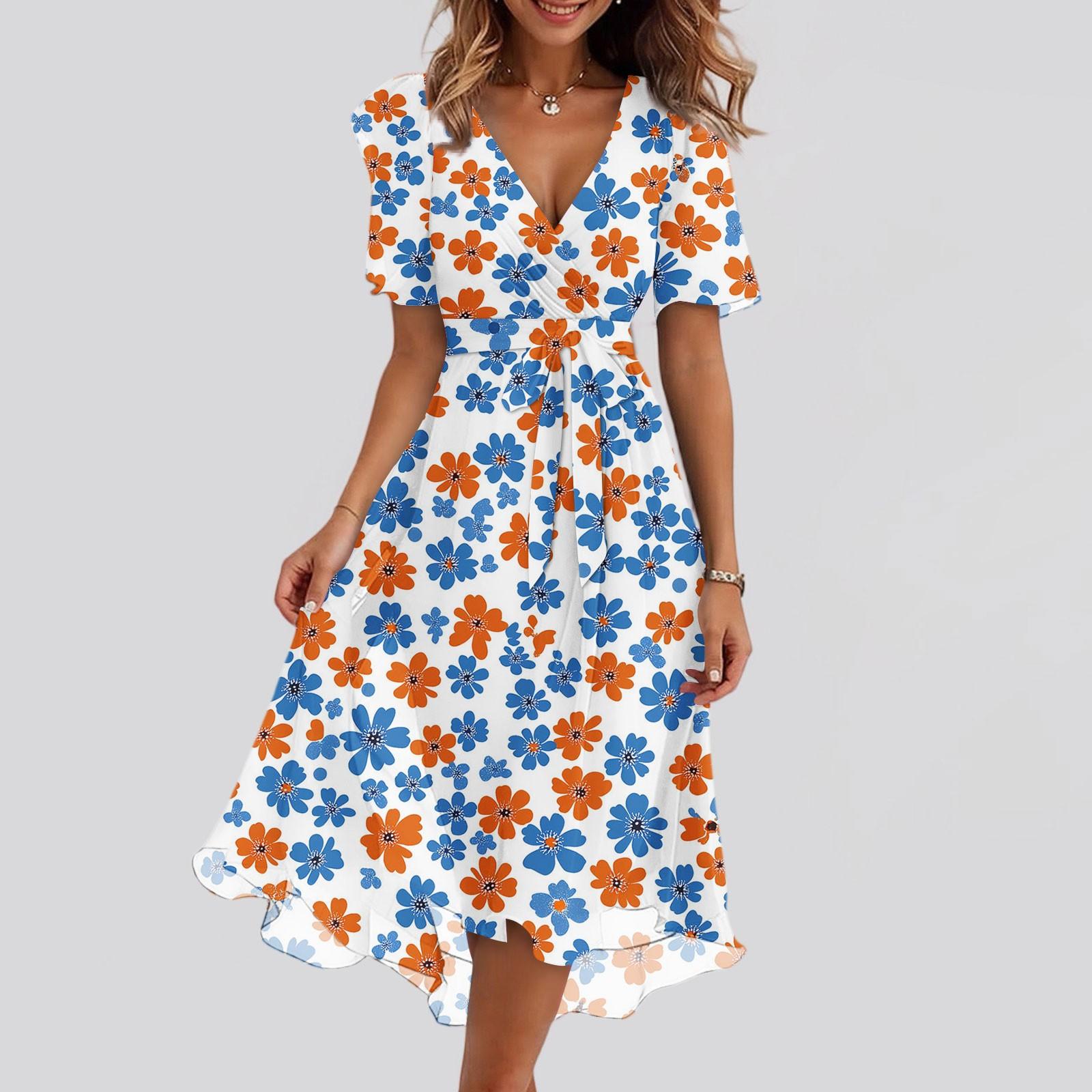 Women s Summer Floral Printed Casual Wrap V Neck Ruffled Hood Short Sleeves Belt A-Line Ruffle Hem Midi Sundress L синий