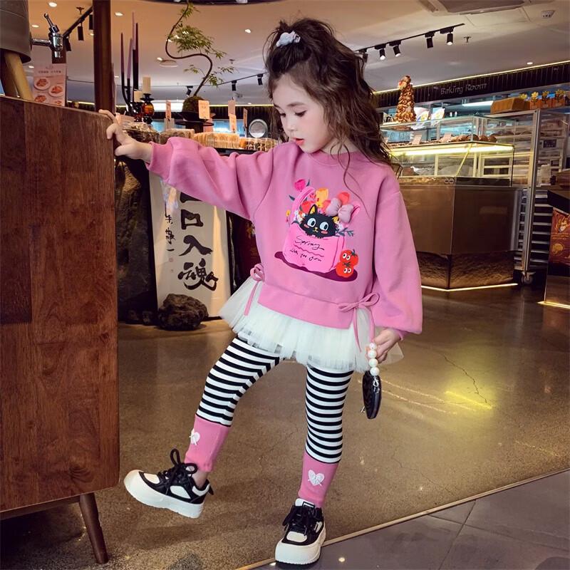 MIMIHELLO Girls  Korean Cartoon Sweatshirt & Striped Leggings Set 140