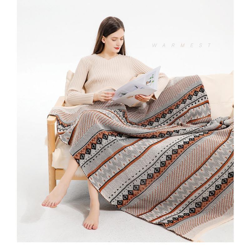 Boho Throw Blanket Ethnic Wave Tassel Knitted Sofa Cover Blanket Window Air Conditioning Blanket Cozy Office Home Napping Blanket