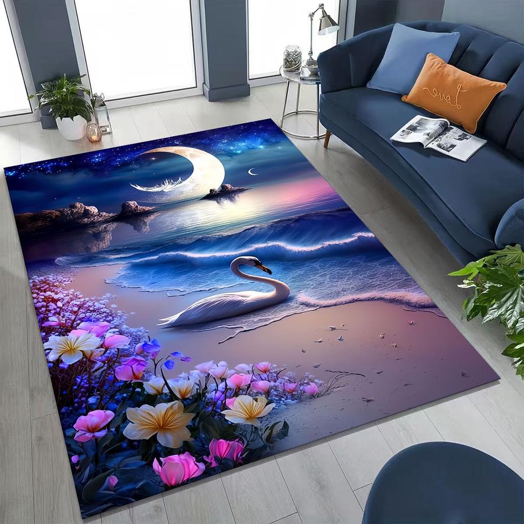 Traum Liebe Schwan Kunst Cartoon Teppich für Schlafzimmer Wohnzimmer Sofa Zuhause Fußmatte Dekor, Große Kinder Spiel Rutschfeste Bodenmatte Geschenk