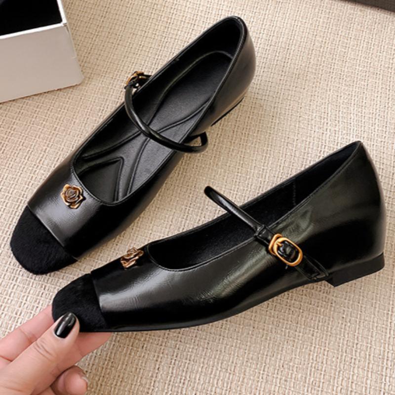 

Simple Flower Mary Jane Shoes Spring New Round Head One Strap Vintage Metal Buckle Casual Office Square Heel Flat Women Shoes 40 чёрный