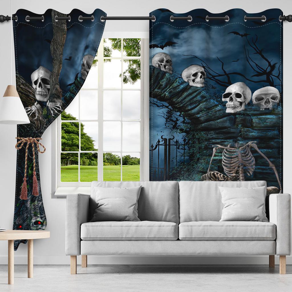 2pcs/set Horror Halloween Window Curtain Night Gate Skeleton Home Bedroom Living Room Decor Blackout Polyester Fabric Curtains
