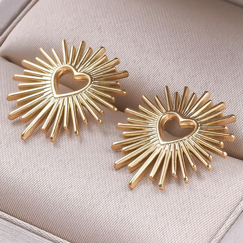 Fashion Ear Studs Gold Color Sun Heart Flower Stainless Steel Earrings For Women Men Accessories Ear Jewelry Fit DIY Rhinestone