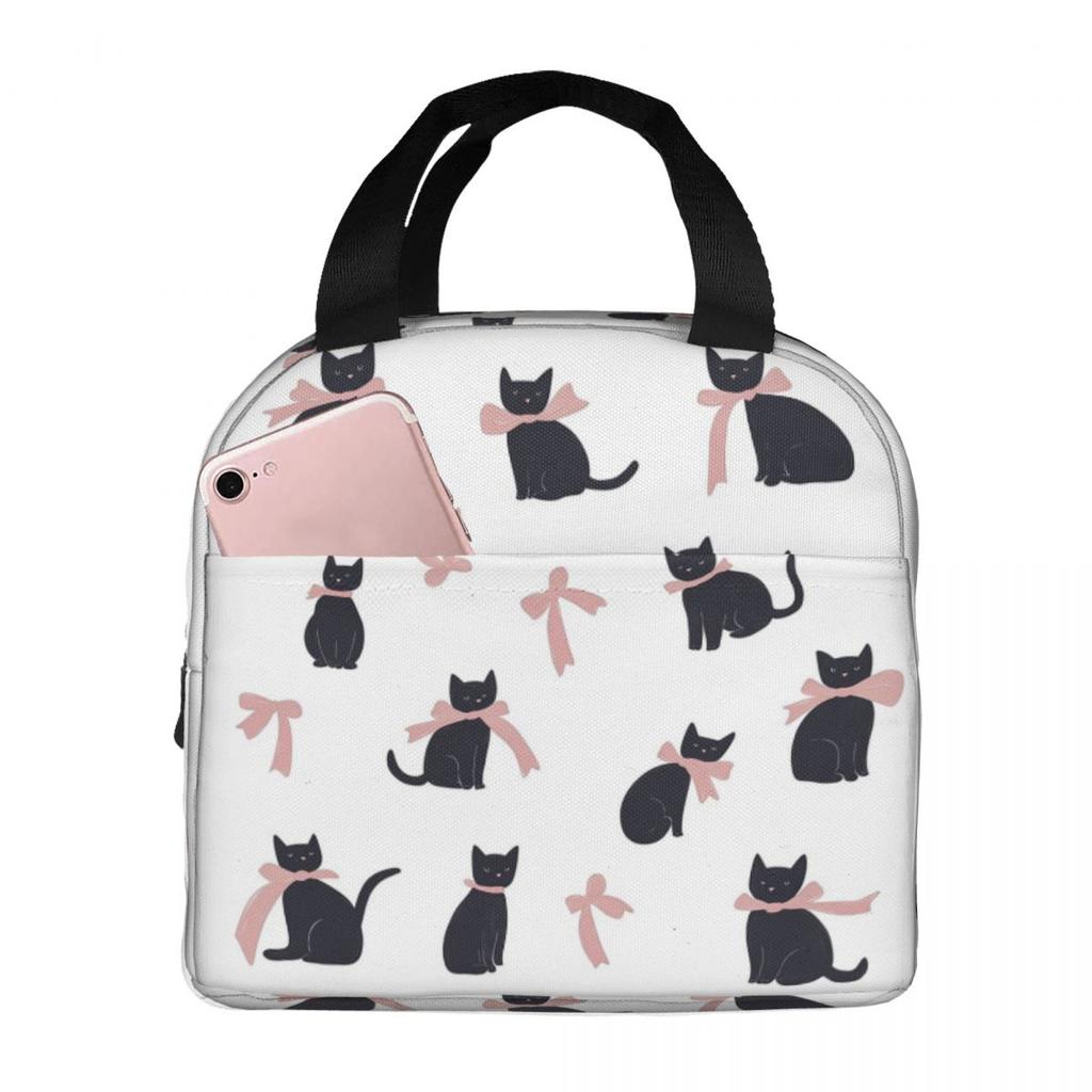 Cute Kitten With Bow Pattern Insulated Lunch Bag for Women Children Portable Food Boxes Thermal Lunch Box Tote
