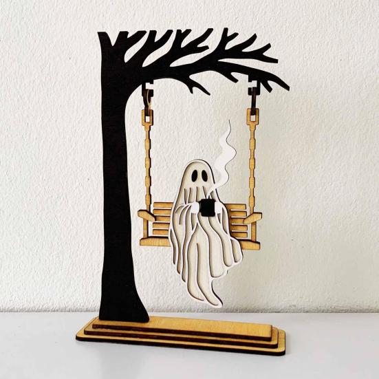 Halloween Swingy Skeleton Ornament Creepy Tree Swing Ghost Wooden Table Sign with Base Home Office Desktop Party Decoration