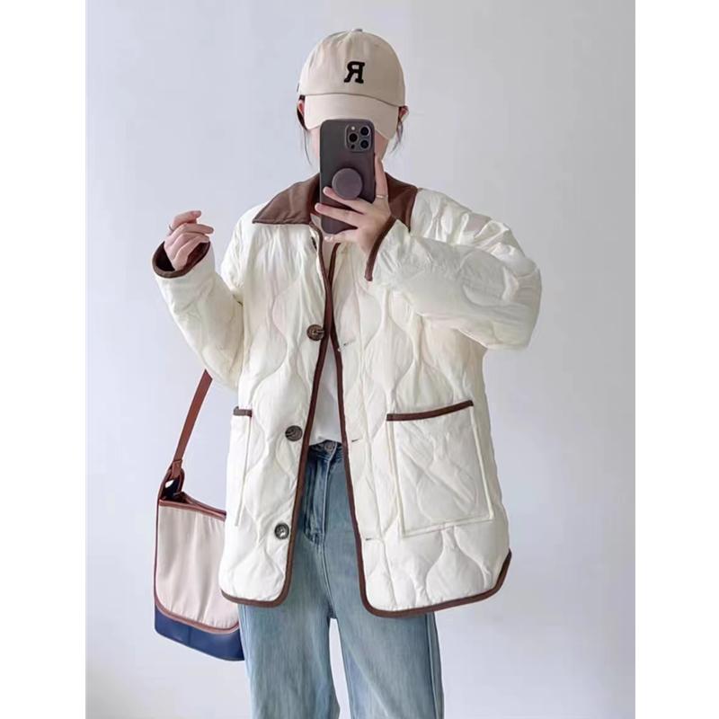 

Корейская ретро-куртка из хлопка с ромбовидной сеткой, женская новая свободная хлопковая куртка с воротником, контрастная короткая хлопковая куртка One Size абрикосовый света