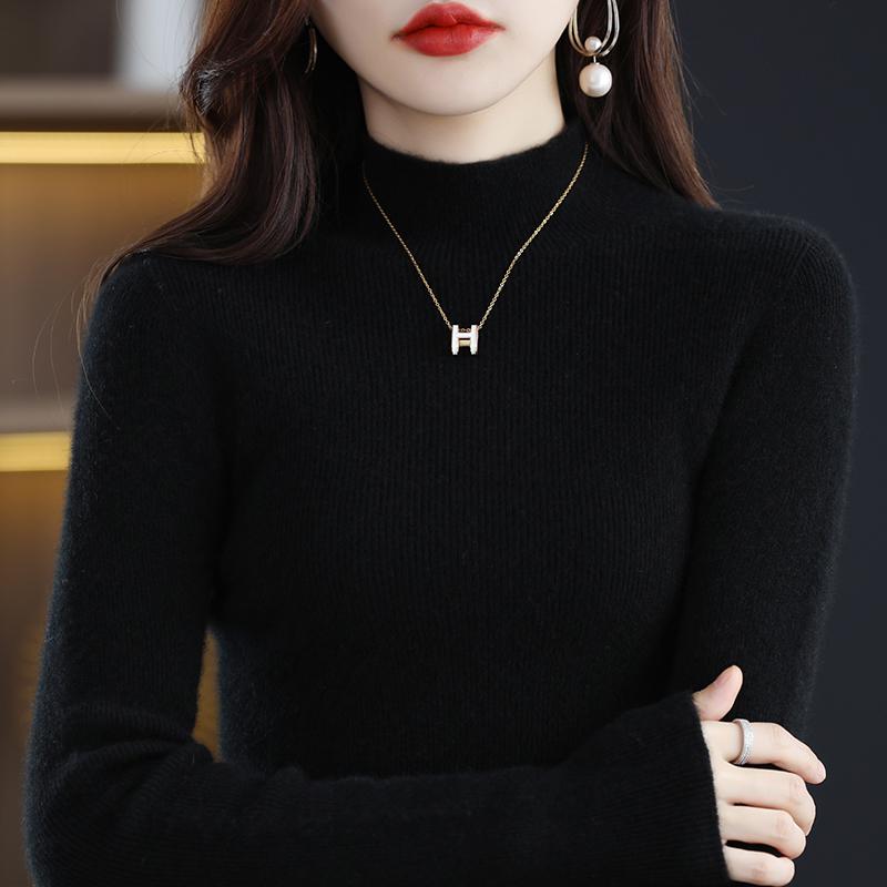 2025 Women's Slim Fit Wool Knit Sweater - Black Half High Neck, Autumn Winter Base Layer