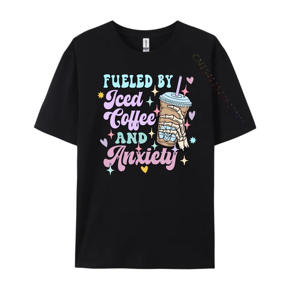 Fueled By Iced Coffee And Anxiety Coffee Shirt Green And White Graphic T Shirt Summer Funny T Shirts Gift