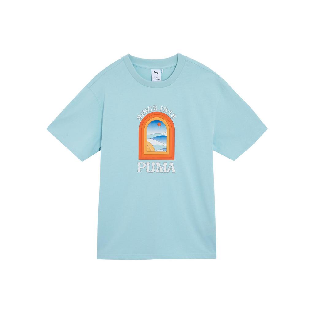 PUMA Apres Court Short Sleeve Tee With Alphanumeric Print, Comfortable And Breathable Casual Unisex Tops Light-Water-Green 628235-22