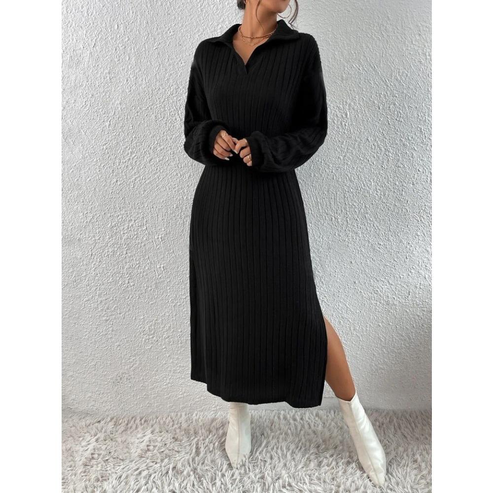 Rochie de damă cu mânecă lungă, culoare solidă, cu umeri și crăpături, toamnă și iarnă