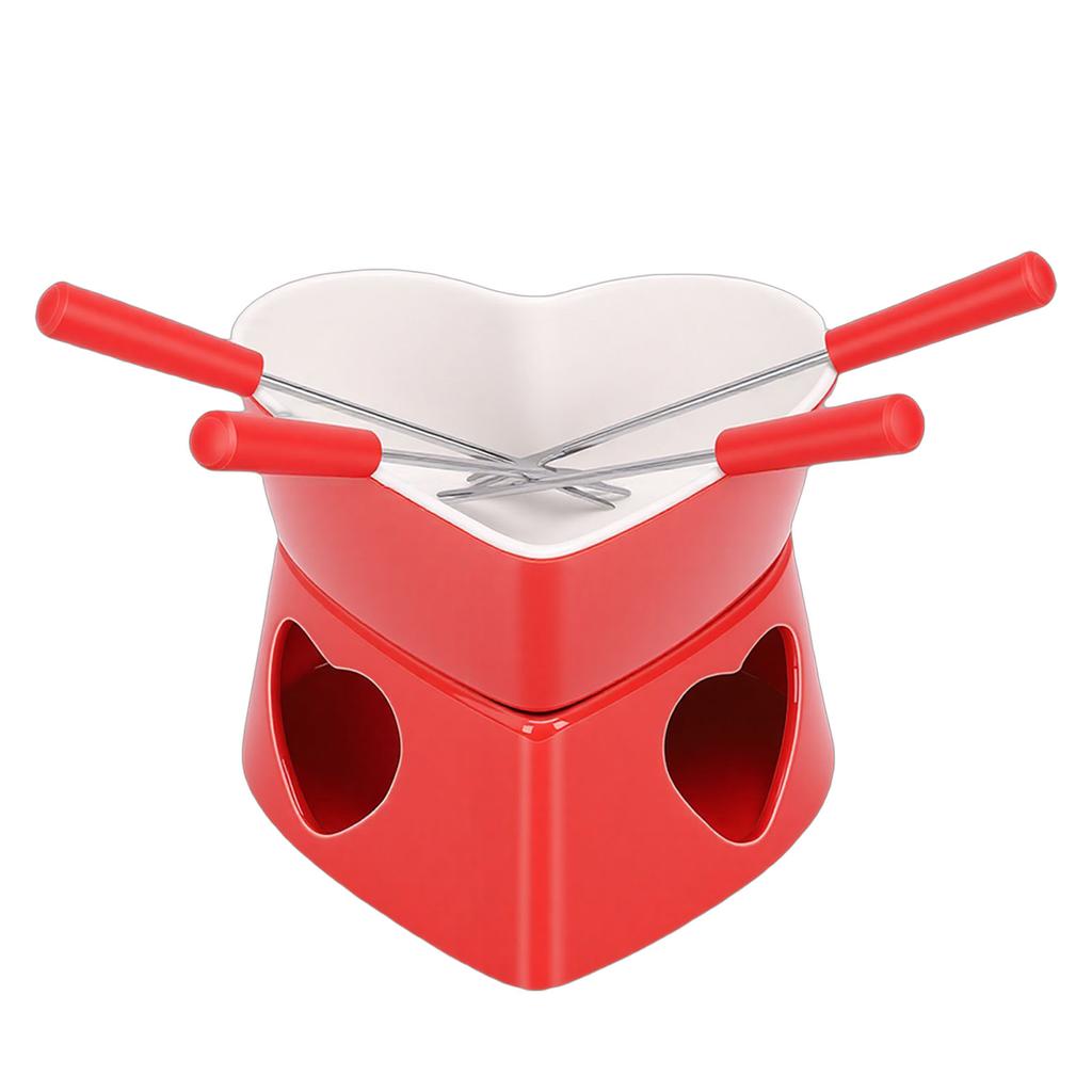 Heart Shaped Chocolate Fondue Mug Set Ceramic Sweet Fondue Cup with Forks and Candle Red White 350ml