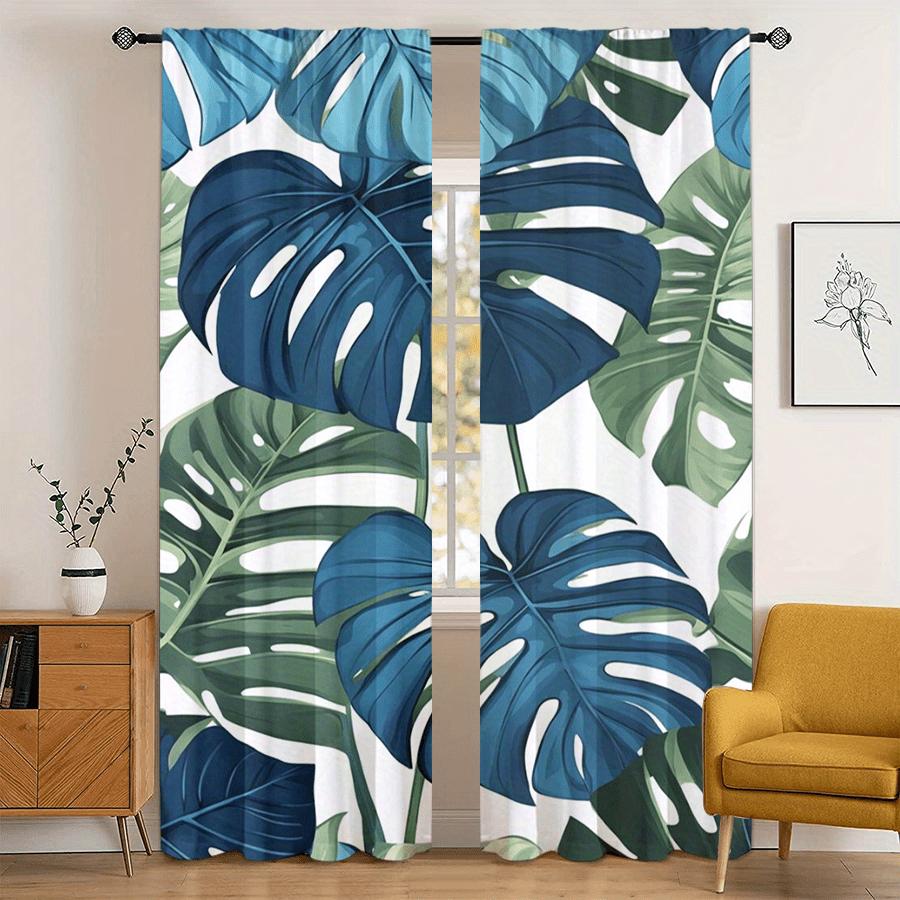 2pc Tropical Leaf Print Curtains, Polyester Fabric, Machine Washable, Suitable for Living Room, Bedroom, Kitchen