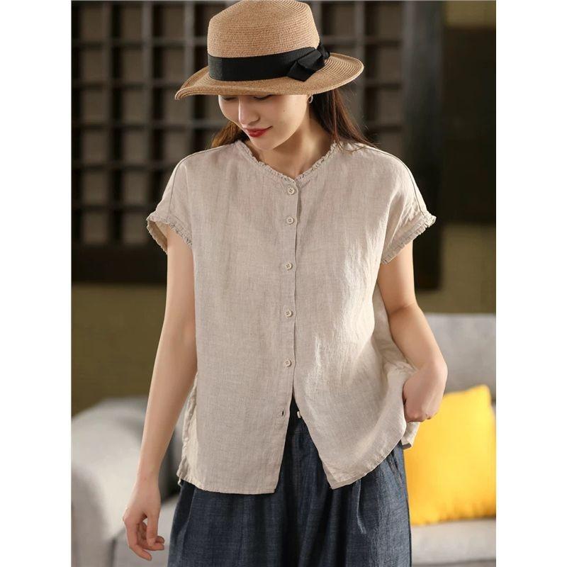 Women Dark Green Linen Blend Blouse With Ruffled Neckline And Red Button Front Casual Summer Top