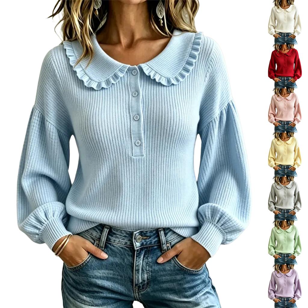 Women's Fashion Long Sleeve Knit Top with Round Neck, Button Front and Ruffle Trim