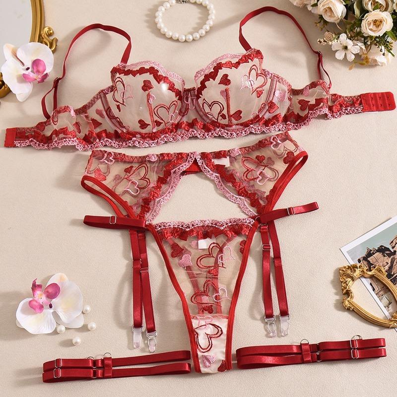 

Перспективный контрастный бюстгальтер с вышивкой в форме сердца, сложный сексуальный комплект нижнего белья XL красный