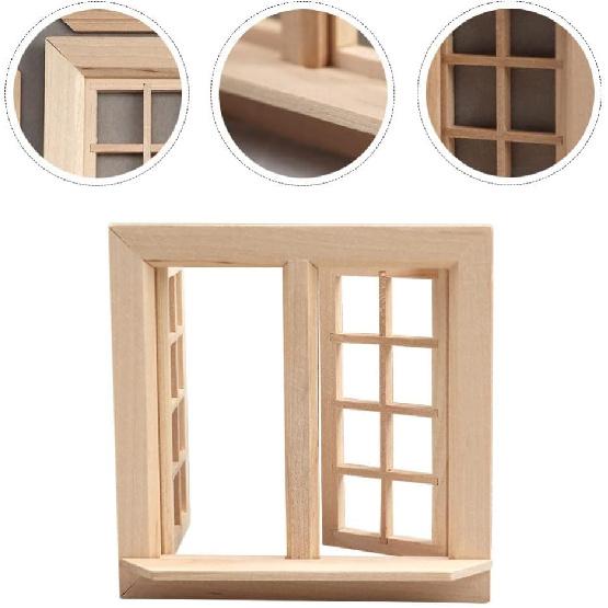 Wooden Window for Dollhouse, Miniature Window Frame Mini Furniture Doll House 1:12 Dollhouse Wooden Doors Miniature Furniture Doll Craft Window Frame