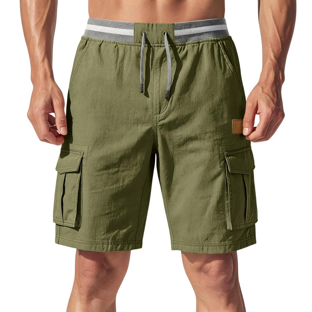 Pantalones Cortos Cargo Ligeros Transpirables con Cintura Elástica y Cordón, Estilo Casual Vintage para Hombre, Múltiples Bolsillos para Actividades al Aire Libre
