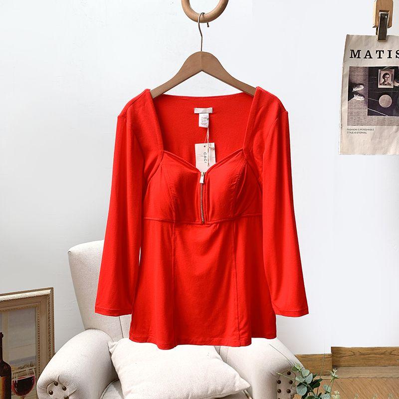 

European and American Orders ~ Good Quality! With Chest Pad ~ Comfortable and Easy to Wear ~ Retro French Dress/Slim Long Sleeve Top Women Red XL