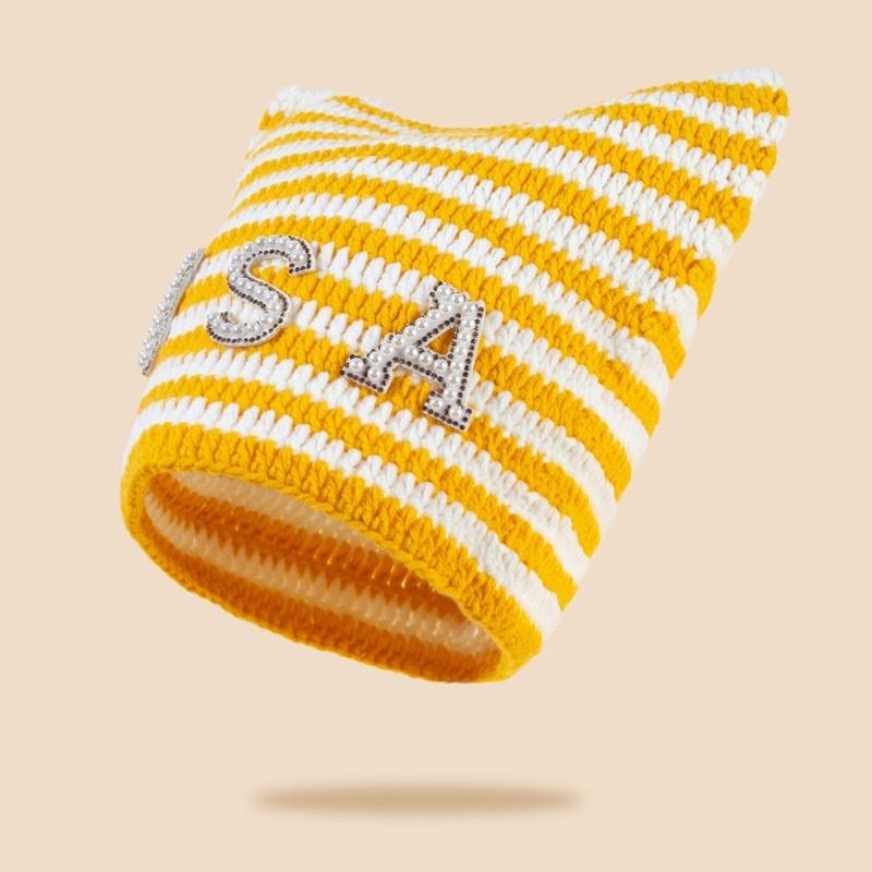 Crochet Stripe Pattern Hat Handmade Cat Ear Hat Winter Warmer Knitted Hat Cold Winter Presents for Students Teenagers