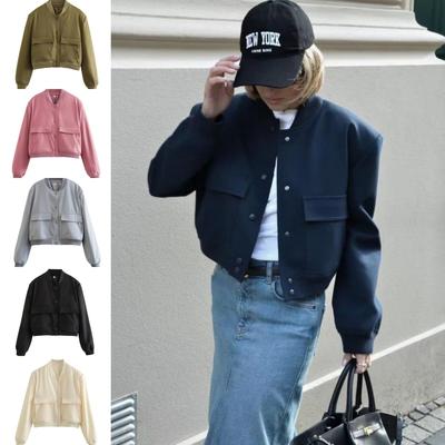 Woman Bomber Jacket Coat White Autumn Winter Button Baseball Aviator Cropped Jackets for Women Long Sleeve Crop Outerwear