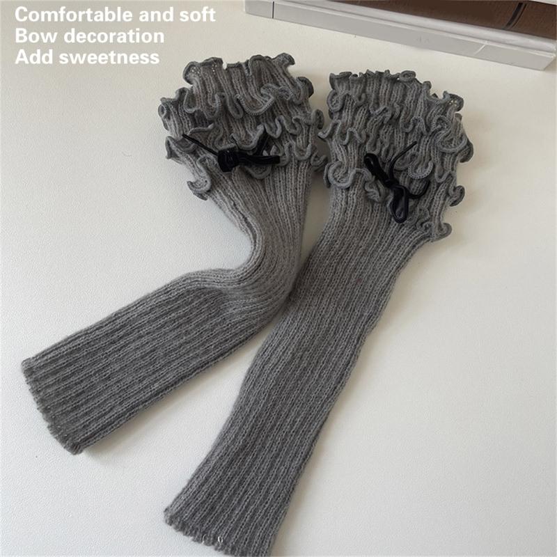 Ribbed Knit Boot Cuffs Footless Socks with Elegant Bows Designs for Women Layered Ruffle Edge Leg Warmers Streetwear