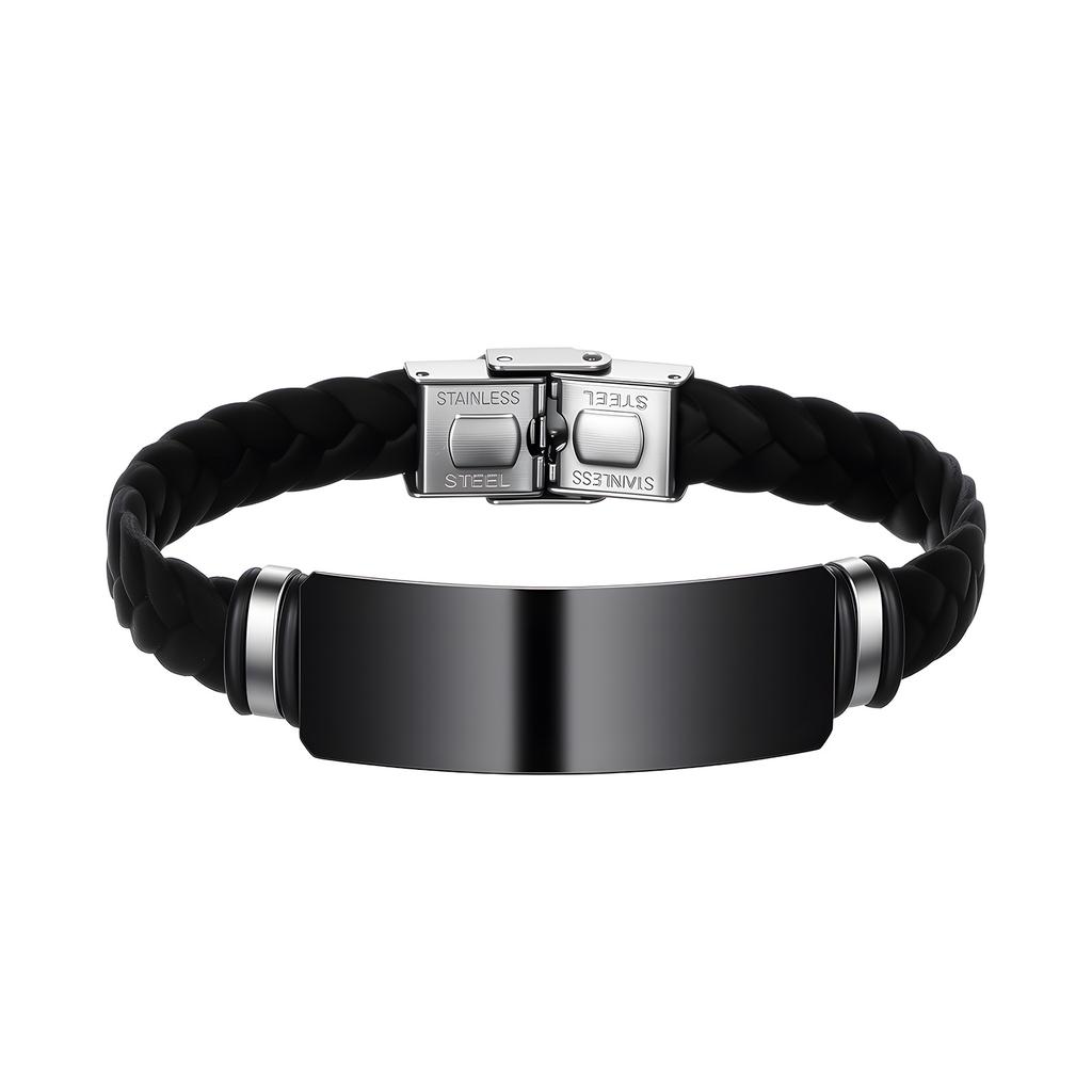 Simple Twisted Braid Leather Bracelet Stainless Steel Chain Engravable Jewelry