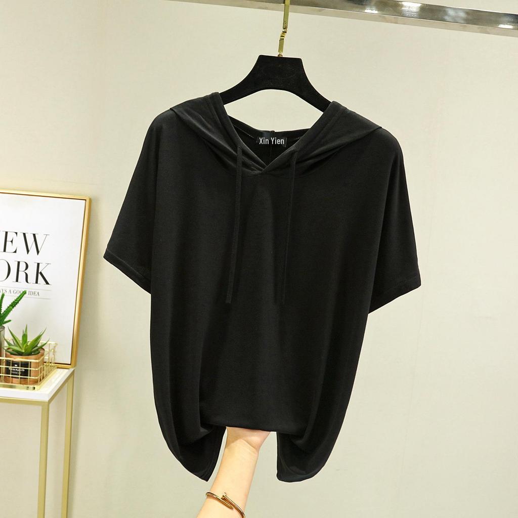 T-shirt à capuche manches courtes en modal pour femme Printemps/Été - Haut de base léger coupe ample