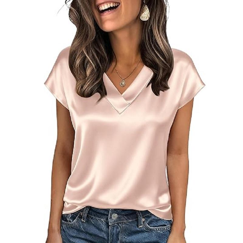 Women Summer T-shirts V-neck Short Sleeve Satin Tee Tops Ladies Casual Top Shirt
